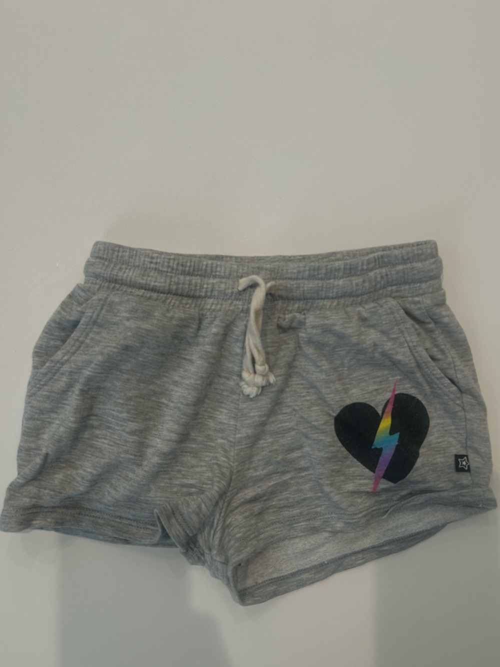 Pixielane Girls' Grey Knit Shorts with Rainbow Lightning Heart Accent